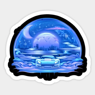 Fast Car Moon Sky in Winter Vintage colors Sticker